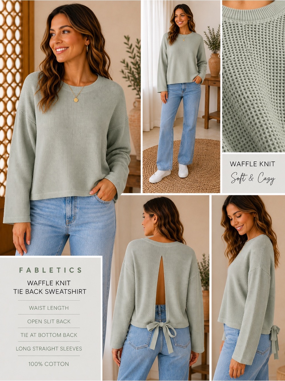 Fabletics Sage Green Waffle Knit Tie Back Sweatshirt Medium